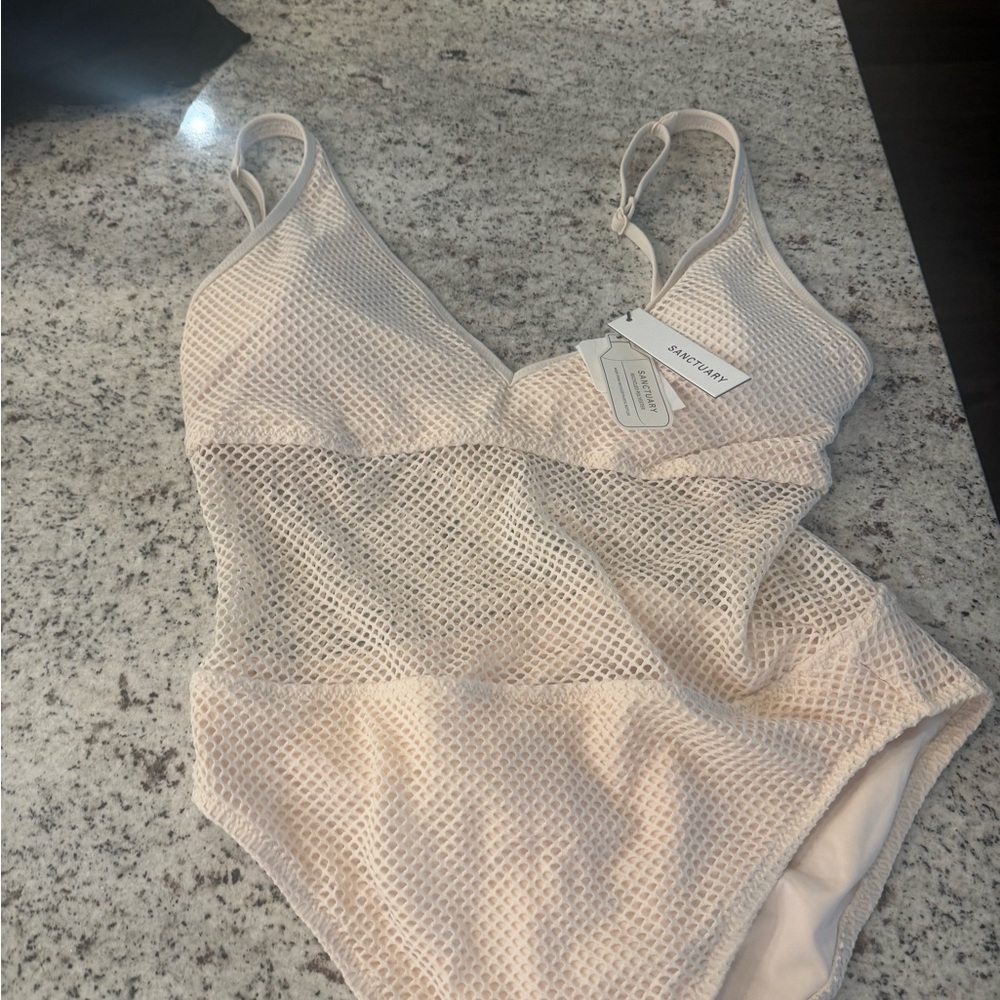Sanctuary Pale Cream Mesh One-Piece Swimsuit